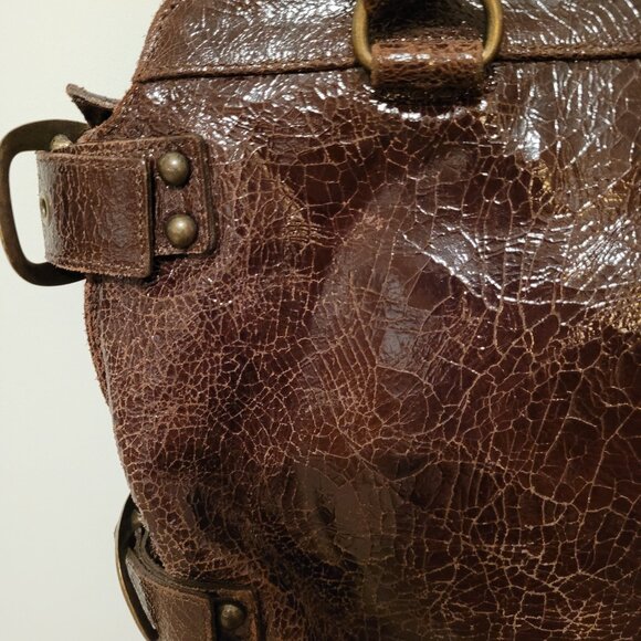 KOOBA Brooklyn Brown Distressed Crackled Leather Satchel Shoulder Bag - Picture 5 of 14